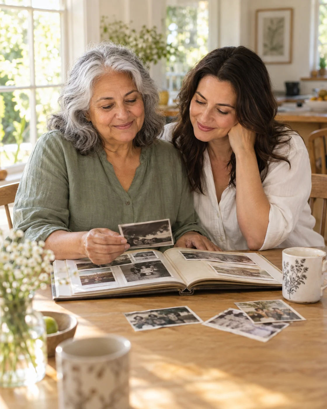An older mother and her adult daughter smile over a family photo album at their kitchen table.