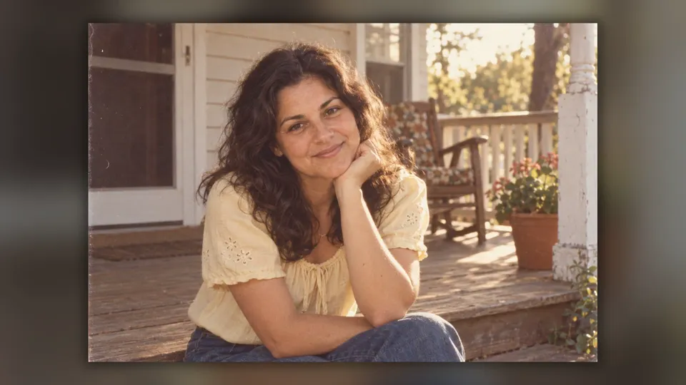 A landscape photo of Evelyn on a porch, with soft background filling the widescreen frame.