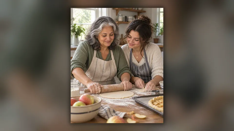 A portrait photo of Evelyn and her daughter baking, centered within the wider video frame.